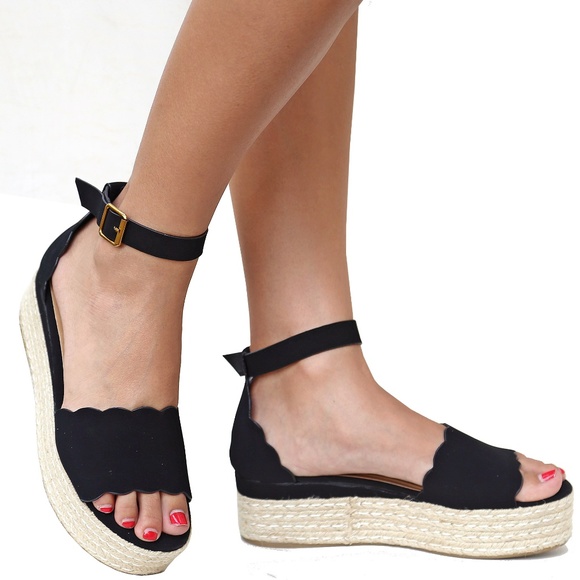 New Black Flatform Platform Espadrille Sandals - Picture 6 of 8